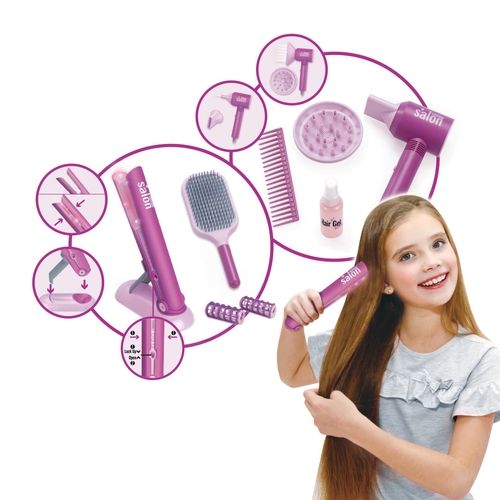 Deluxe Styling Set Hair Straightener 698031 - A role-playing salon kit designed for children ages 3 and up. It features various tools to simulate a hair salon experience.