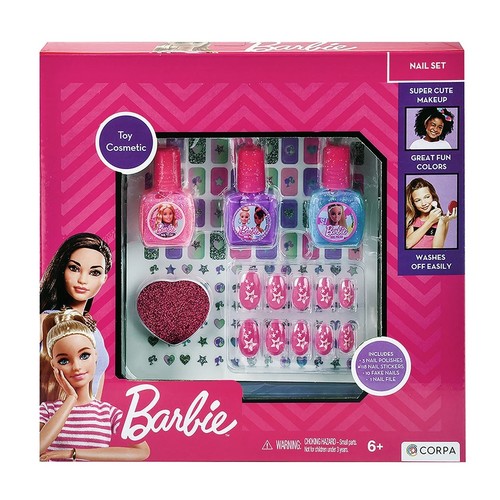 Barbie Nail Set Medium II - 5101 - A toy cosmetic kit designed for children ages 6 and up. Set includes:3 Nail Polishes:&nbsp;Water-based, peelable, and often bubble gum scented for easy removal.1 Set of Fake Nails:&nbsp;Pink-toned press-on style nails.Nail Stickers:&nbsp;For additional decoration.1 Heart-Shaped Nail File (Emery Board):&nbsp;For shaping nails.