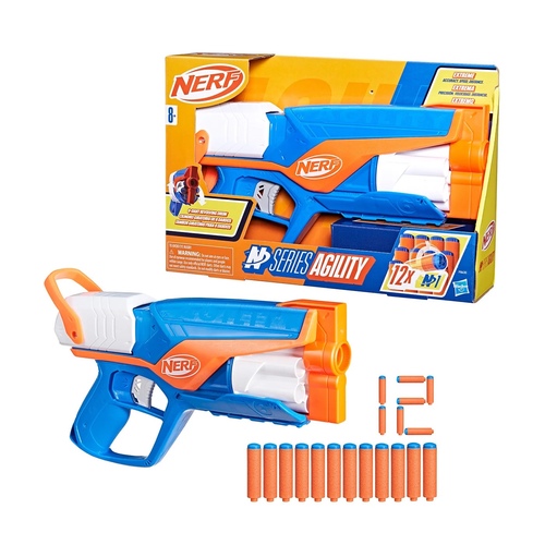 NERF Agility Blaster-F8629 - Lightweight and fast NERF blaster with a rotating drum for rapid multi-shot action. Includes safe foam darts, perfect for active play and fun challenges for kids.