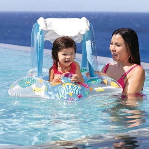 Intex Kiddie Float 56573 - Sun Protection: It includes an inflatable sunshade canopy to protect children from UV rays.Stability & Comfort: The float features a wide star-shaped base for stability and smooth leg holes for comfort.Dimensions: It typically measures approximately 32 inches by 31 inches (81 cm x 79 cm).Capacity: Designed to support children up to 15 kg (approx. 33 lbs).