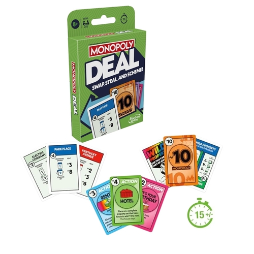 G0351 Deal Card - The Monopoly Deal Card Game by Hasbro Gaming.It is a fast-paced, quick-playing card game designed for 2-5 players, typically for ages 8 and up.Gameplay involves trading, stealing, and swapping properties to win.The goal is to be the first player to collect three full sets of property cards in different colors .