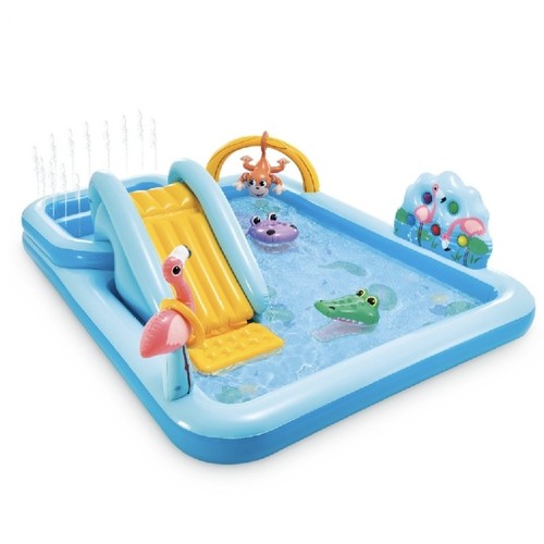Jungle Adventure Play Center 57161 - It includes a built-in water slide, sprinkler fountain jets, inflatable animals like a monkey and flamingo, and a ring toss game with balls.&nbsp;The play center has an inflated size of approximately 96