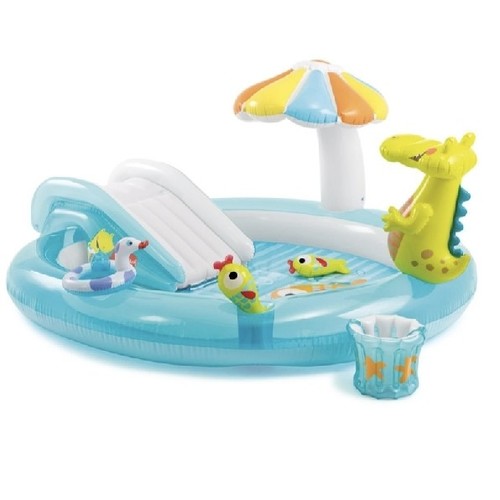 Gator Play Center 57165 - A popular inflatable kiddie pool designed for children ages 2 and up. It features a whimsical alligator theme with various interactive water play elements.