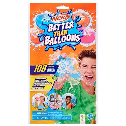 F8742 Better than Balloons - Nerf Better Than Balloons Water Toys, a pack of 108 water pods designed as a water balloon alternative.&nbsp;Product: Nerf Better Than Balloons Water Toys (108 pods).&nbsp;Features: Patented design allows for quick filling and less prep time.&nbsp;Clean-up: Pods are self-sealing and stay in one piece when they burst, making for easy cleanup.&nbsp;Safety: Suitable for ages 3 and up, but should not be aimed at eyes or face.
