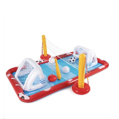Action Sports Play Center 57147 - Three Sports in One: Includes a built-in volleyball net, two soccer goals, and a baseball tee.Cushioned Design: Features a soft, padded floor to ensure comfortable landings during active play.Durable Build: Constructed from heavy-duty 12-gauge vinyl with 10-gauge floors.&nbsp;Dimensions & CapacityInflated Size: Approximately 128 in x 105 in x 40 in (3.25 m x 2.67 m x 1.02 m).Water Capacity: Holds approximately 124 gallons (470 liters) at a wall height of about 3.25 inches (8 cm).