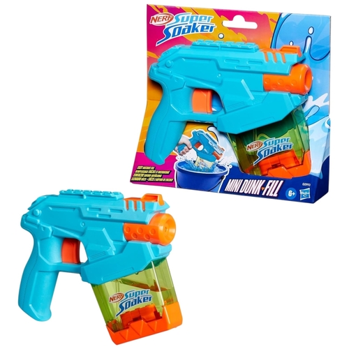 G0993 Nerf SOS Mini - The blaster features an easy instant-fill tank designed for quick reloading—simply dunk the blaster into water to submerge it and it refills instantly.&nbsp;Capacity: It holds approximately 3.4 fluid ounces (100 ml) of water.&nbsp;Design: The toy includes a transparent tank allowing users to see the water level inside, and it is suitable for ages 6 and up.
