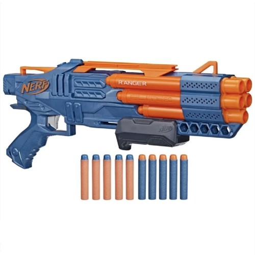 Nerf Elite 2.0 Ranger PD-5 Blaster F4186 - 5-Barrel Blasting: It features five front-loading barrels, allowing you to fire five darts in a row.Ammunition: The blaster typically comes with 10 Nerf Elite foam darts.Onboard Storage: It includes integrated storage for five additional darts for quick reloading during play.Customization: The design includes a tactical rail and a stock attachment point, making it compatible with various Nerf accessories (sold separately).Pump-Action: It operates by pulling a priming slide back and forth and then pulling the trigger to fire one dart at a time.