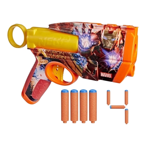 G1923Nerf Iron Man - This Nerf Marvel Iron Man darts blaster is fully decorated on both sides with fantastic and eye-catching Iron Man designs! This official Nerf launcher stands out for its incredible design that represents the Marvel superhero. The blaster is easy to use and is prepared by following a few simple steps: insert 2 darts through the barrel, pull the refill lever and press the trigger to launch a dart. Comes with 4 Nerf N1 darts that have been designed for extreme accuracy, speed, and distance to take your battles to the next level. Nerf blasters are fantastic toys for boys and girls aged 8 and up to have fun playing outdoors and indoors actively.