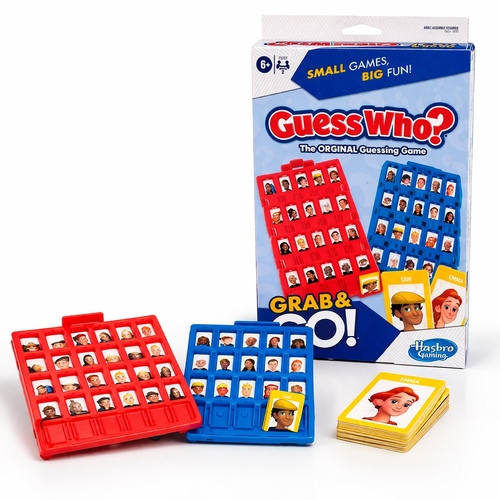 F8257Guess Who Games - The Hasbro Guess Who? Grab & Go! game, which is a compact, portable version of the classic mystery-face guessing game.&nbsp;Gameplay: The game is designed for two players, each of whom secretly selects a mystery character from their respective character sheets. Players take turns asking their opponent yes-or-no questions about their hidden character's features to eliminate possibilities.&nbsp;Objective: The goal is to be the first player to correctly guess the opponent's mystery character.&nbsp;Format: This 