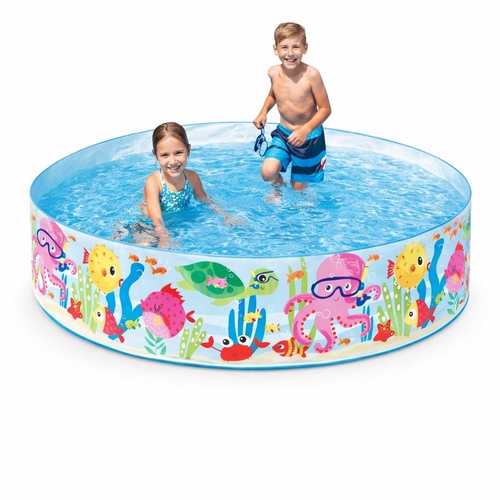 Swimming Pool 56452 - Intex 56452 Ocean Play Snapset Pool: A non-inflatable, rigid sidewall pool that unrolls and fills with water for immediate use.Dimensions: Measures approximately 6 feet (183 cm) in diameter and 15 inches (38 cm) in height.Water Capacity: Holds approximately 253 gallons (958 liters) when filled to roughly 14.5 inches of wall height.Age Grading: Generally recommended for children ages 3 and up.
