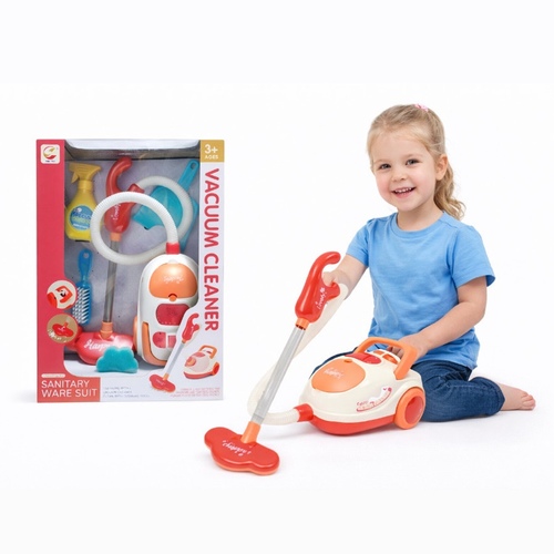 8022Cleaning kit - This image shows a Kids' Role-Play Cleaning Set, designed to mimic household chores with functional toys.&nbsp;Components: Includes a battery-operated toy vacuum cleaner, mop, broom, dustpan, and spray bottle.&nbsp;Features: The vacuum cleaner features realistic sounds, lights, and suction capabilities suitable for picking up lightweight debris like foam balls.&nbsp;Suitability: Designed for children aged 3 and older to encourage imaginative role-play and develop life skills.