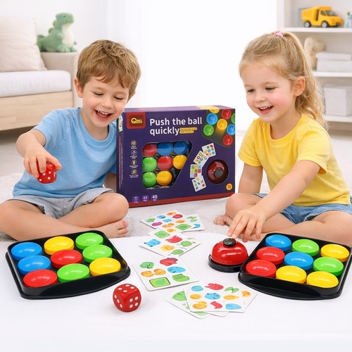 Push the Ball Quickly VS2339 - It is designed to train critical thinking, problem-solving, and color perception for children, typically recommended for ages 3 and up. Components:The set usually includes two game trays with colored sliding balls, a deck of pattern cards (often around 40 cards), and a service bell to signal completion.