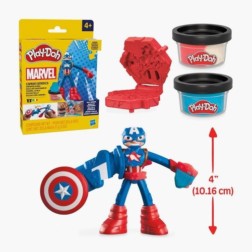 G0056PD Captain America - Bring Marvel magic to playtime with the Play-Doh set. Kids can create, mould, and imagine heroic adventures with this dynamic Captain America figure, complete with a shield mould and iconic accessories. With two vibrant Play-Doh colours included, little heroes can sculpt bold shields, power-up details, and unleash their creativity as they join Captain America on action-packed missions.