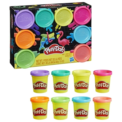 E5063 PD 8 PACK NEON - ‎‎2-ounce cans of non-toxic Play-Doh compound in 8 wild neon colors- teal, pink, hot pink, green, light blue, orange, purple and greenFrom lightning strikes to fluorescent flamingoes, kids ages 2 and up can pop open a can of Play-DohThe airtight containers keep it fresh to play with again and againIt's made primarily with water, salt, and flour, and goes through vigorous testing so it's always high quality and super fun