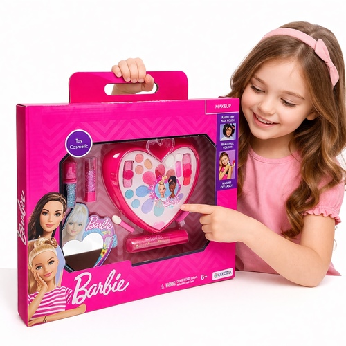 Barbie Cosmetic Set 5809 - Contents: The set typically includes a make-up pouch with multi-colored eye shadows, two applicators, a blush, a lipstick, and a pocket mirror featuring Barbie\