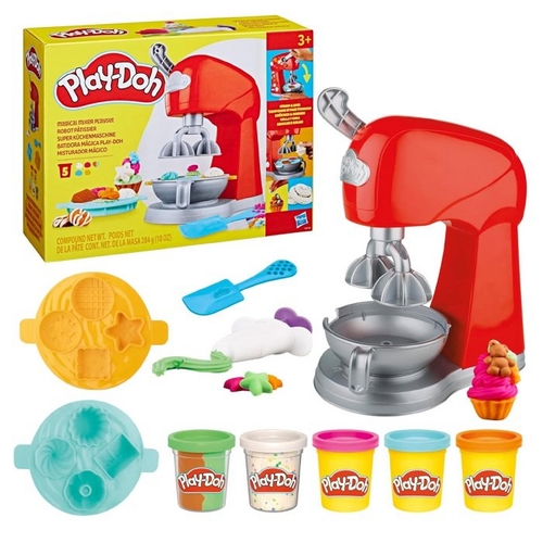 F4718PD MAGICAL MIXER - Play-Doh Kitchen Creations Magical Mixer Playset, a toy designed for children to create pretend bakery items.&nbsp;Key Features: Includes a working toy mixer that stamps two treat shapes at a time, along with molds for customizing cakes, cookies, and cupcakes.&nbsp;Included Material: Comes with 284 grams (10 ounces) of non-toxic Play-Doh modeling compound.&nbsp;Recommended Age: Suitable for children ages 3 and up.