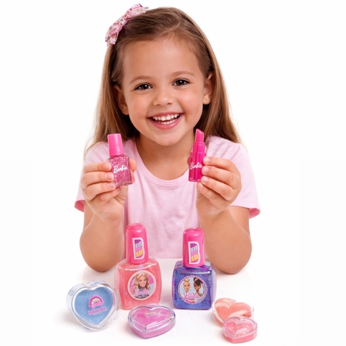 Barbie Medium Makeup Set - 5007 - A creative toy cosmetic kit designed for children ages 6 and up. This set focuses on imaginative play and allows kids to experiment with various vibrant colors that are designed to wash off easily. Contents: The 6-piece kit includes a variety of cosmetics such as:&nbsp;1 Eyeshadow wax,&nbsp;1 Glitter lipgloss wax,&nbsp;2 Lipstick shades,&nbsp;2 Nail polishes