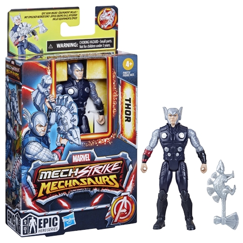 F6673MVL MECH STRIKE 3.0THUR - Marvel Mech Strike Mechasaurs Thor action figure.&nbsp;Height: Approximately 4 inches (10 cm) tall.Features: Includes poseable limbs and a detachable dino weapon accessory.Age Range: Suitable for children ages 4 and up.
