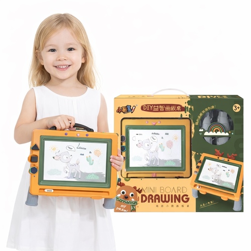 1222-BX Mini drawing Board - This item is a 2-in-1 children's drawing board, likely branded as a fawn or dinosaur drawing board table.&nbsp;It functions as both a drawing board and a DIY activity station.&nbsp;The product is designed to be vibrant, often featuring colorful packaging to capture attention.&nbsp;It is aimed at nurturing children's artistic abilities and imagination.&nbsp;The board is portable and suitable for quiet time, travel, or restaurant use.