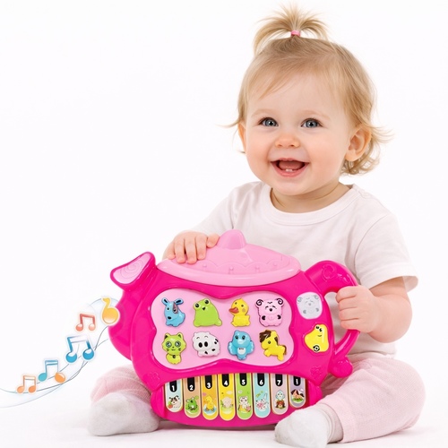 8881-1B Animal Piano Pink - This item is a children's teapot-shaped electronic organ keyboard toy.&nbsp;Features: It includes animal sounds, flashing lights, and musical songs.&nbsp;Design: The toy features a vibrant, teapot-shaped design with animal figures on the buttons and a keyboard at the bottom.&nbsp;Target Age: Suitable for children aged 3 and up.