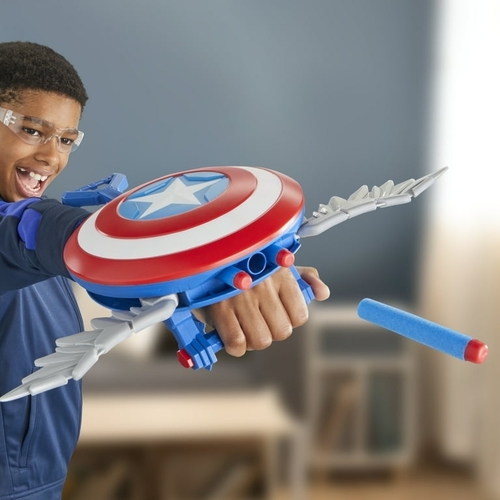 Capt. America BNW Skyshot Blaster F9302 - This action-packed roleplay toy is the Marvel Studios Captain America: Brave New World NERF Skyshot Blaster, manufactured by Hasbro. Designed for fans aged 5 and up, it allows kids to imagine themselves as Sam Wilson from the film Captain America: Brave New World.