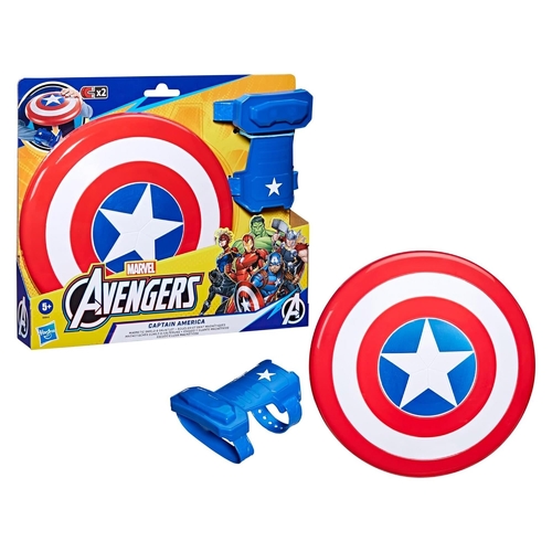 Capt. America Magnetic Shield And Gauntlet B9944 - The item shown is the Marvel Avengers Captain America Magnetic Shield and Gauntlet, a role-play toy set designed for children aged 5 and up.