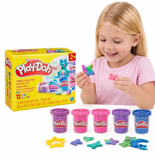 F9932 PD SPARKLE COLLECTION - Play-Doh Sparkle Collection 6-Pack modeling compound set.&nbsp;Product Type: Kids' arts and crafts modeling dough mixed with glitter.&nbsp;Contents: Six cans of sparkling compound, each containing 56g of modeling clay.&nbsp;Colors: Includes metallic shades of pink, blue, purple, and green.&nbsp;Safety: Non-toxic compound suitable for children ages 2 and up.
