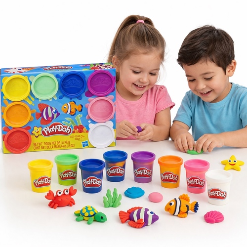 E5062 PD 8Pack Neon - Start or stock up your Play-Doh stash with this 8-pack of non-toxic modeling compound in 8 cheerful Rainbow colors! This set comes with 8 2-ounce cans of compound in red, orange, yellow, green, pink, blue, purple and white. From building their own rainbow to mixing their own colors, kids ages 2 and up can pop these Play-Doh cans open and make almost any creation they can imagine