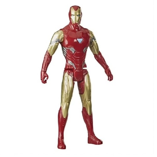 Iron Man F2247 - The image shows a Marvel Avengers: Endgame Titan Hero Series Iron Man action figure. This collectible is a 12-inch (30 cm) scale figure manufactured by Hasbro. Recommended Age: 4 years and up.