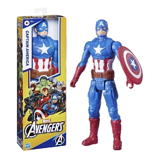 Capt. America Figure E7877 - Size: Stands approximately 12 inches (30.5 cm) tall.Recommended Age: Primarily for children ages 4 and up.Material: Made of durable, high-quality plastic.Articulation: Features multiple points of articulation, typically including the head, arms, legs, and torso, allowing for various action poses.Accessories: Comes with Captain America's signature detachable shield that can be attached to the figure's hand or arm.