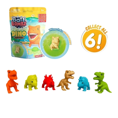 6930 BAFF BOMBZ DINO SURPRISE - Zimpli Kids Baff Bombz Dino Surprise
Drop the Baff Bombz into the bath and watch as it fizzes in the water. As the bath bomb disperses it will change the colour of the water creating excitement to any ordinary bath time.
As the bath bomb fizzles out it will reveal a surprise dinosaur collectible figure inside. With 6 different designs available, which dino will you get?A wonderful way to add some fun into any child’s bath time routine. This 100g bath bomb comes in a pouch which is perfect to give as a gift for a birthday, as a stocking filler or a pocket money treat. Ideal for dino fans!Gold Award Winners in the collectibles category at Independent Toy Awards.This product is a surprise bag which means you will get one of the 6 different designs.
Suitable for ages 3+