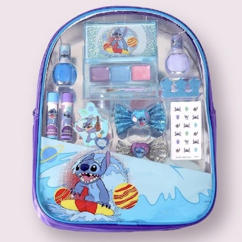 Stitch Cosmetic Backpack 70051 - Lip Products: 3 lip glosses in purple, blue, and pink, plus 2 flavored lip balms.Nail Care: 2 non-toxic, peel-off nail polishes (blue and purple), a Stitch-themed nail file, and nail stickers.Hair Accessories: 2 glittery hair bows (blue and silver) and a hairbrush.Extras: A toe separator and the clear, character-themed Backpack itself for storage.