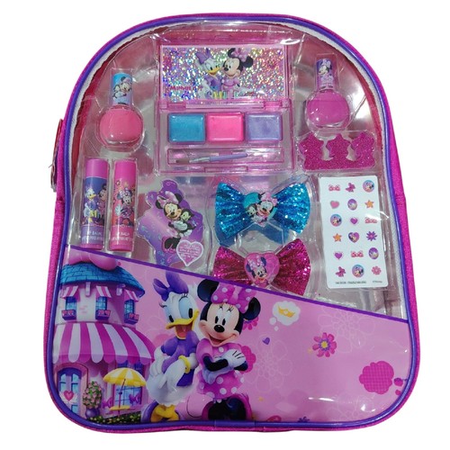 Minnie Mouse Backpack Cosmetic Set 70228 - Lip Care: Lip glosses and lip balms. Nail Art: Non-toxic nail polishes and sometimes press-on nails or nail stickers. Eyeshadow: A palette featuring various colors. Hair Accessories: Decorative hair bows and clips. Backpack: A character-themed backpack (approx. 24.5cm x 30cm) to store and carry the set.