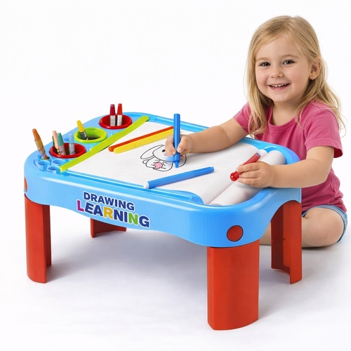 Drawing desk 2n1-8810 - Designed to inspire creativity and artistic cultivation in children aged 3 and up.&nbsp;Includes a built-in roll of paper for drawing and graffiti, along with a storage box for brushes and coloring tools.&nbsp;A practical, vibrant, and sturdy table surface suitable for drawing and coloring activities.