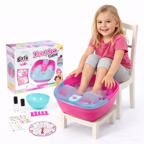 Foot Spa-MBK-330 - Battery-operated toy foot spa for children.&nbsp;&nbsp;Produces bubbles and plays music to simulate a real spa experience.&nbsp;Includes 15 accessories such as nail polish, files, and separators.&nbsp;Suitable for children ages 3 and up.