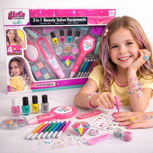 Nail makeup-MBk-375 - This is a Girls Creator 3-in-1 Beauty Salon Equipments playset.Includes tools for temporary tattoo art, nail art, and hair chalk coloring.&nbsp;Contains 4 nail polish colors, a hairbrush, and a tattoo machine.&nbsp;Suitable for ages 6 and older.