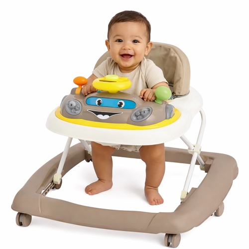 108 Baby Walker - This image shows an interactive foldable baby walker, designed for children aged 6 to 12 months with a maximum weight of 12 kg.&nbsp;Design: Features a car-shaped interactive play panel with colorful buttons, light effects, and sounds to stimulate senses.&nbsp;Functionality: Designed to help babies learn to walk and sit to stand, with an adjustable height to suit different developmental stages.