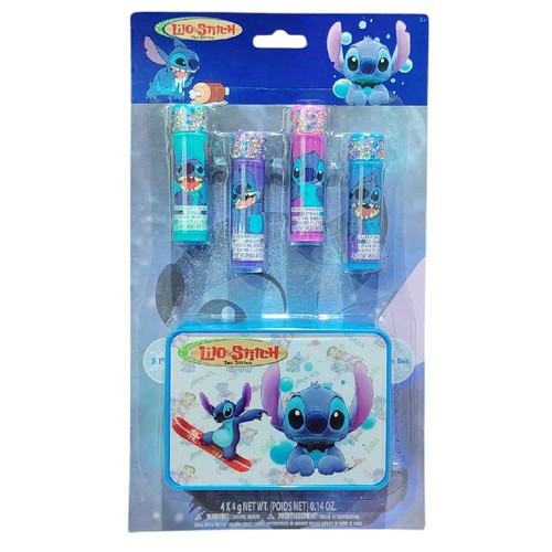 Disney Stitch Swirl Lip Balm With Storage Tin Set 70044 - This Disney Stitch Swirl Lip Balm with Character-Shaped Storage Tin Set, manufactured by Townley Girl, is designed as a makeup kit for children featuring moisturizing lip balms.