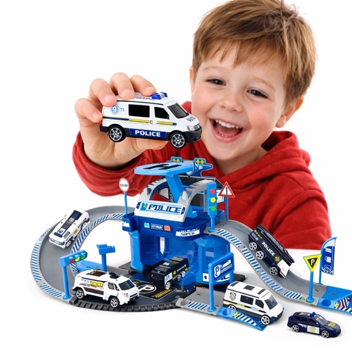 660-A86Police Parking - This item is a Six-Six-Zero Police Rescue Adventure Playset.&nbsp;It is a 40-piece DIY construction set that includes a police station with parking garage, multi-level racing tracks, police cars, and a helicopter.&nbsp;The set features an action figure for role-play scenarios.&nbsp;It is designed for building hand-eye coordination.&nbsp; Suitable for children 3yrs old and above