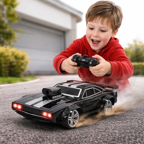 9729 R/C Model Car - The image shows a black Ri Yue Sen brand 1:14 scale remote control car, specifically a model inspired by the Dodge Ice Charger&nbsp;Model: 1:14 scale remote control Dodge Charger replica.&nbsp;Includes 4x4 drive and a stylized black exterior design. Designed for children ages 3 and older.