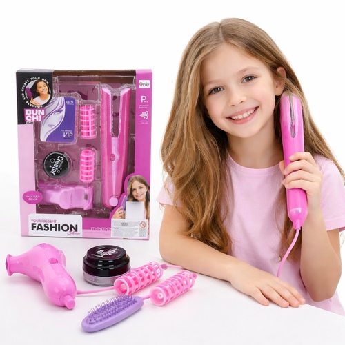 Fashion Hair Salon Set QY022 - It includes a plastic hair straightener, curlers, a pretend powder compact, and a VIP card.&nbsp;The set is designed for imaginative pretend play for young stylists.