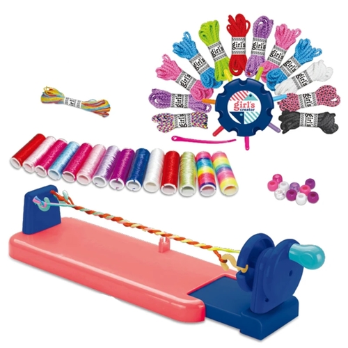 Girl's Creator 2 in 1 Bracelets Kit VA165967 - This DIY craft set includes a wrist twists maker to twist 14 bracelets and a braiding kit to braid 10 bracelets.&nbsp;The set is designed for children ages 6 and up and allows them to create customized designs with the included colorful materials.