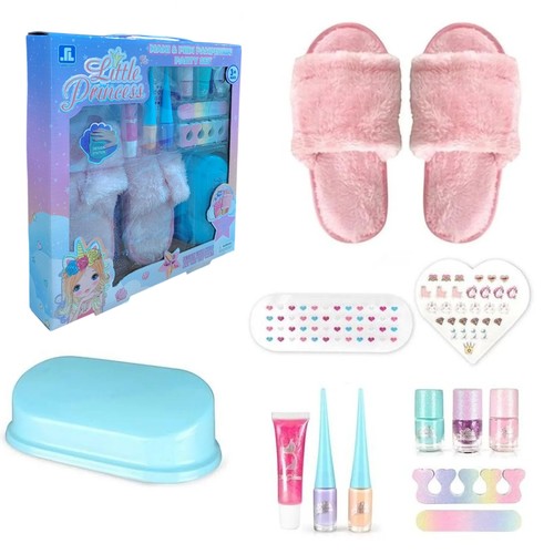 Manicure & Pedicure Pampering Set VA248861 - Includes fluffy pink slippers, three bottles of nail polish, a glitter tube, nail stickers, a toe separator, and a storage case.Designed as a spa-themed play set for imaginative dress-up and beauty play.