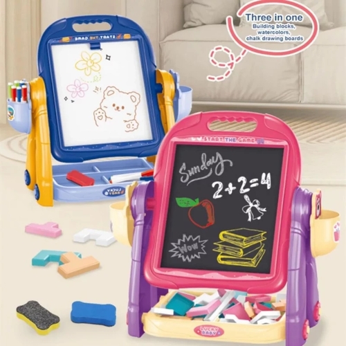 3 in 1 Kids Drawing Board VA410998 - Tetris Building Blocks, Black Board & White Board - 360° Rotating Drawing Stand with Storage - Suitable for Ages 3+