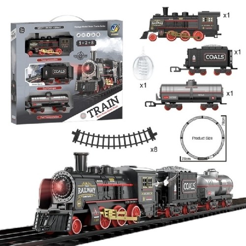 Locomotive Train Set VA389298 - The item shown is a battery-operated classic steam locomotive train set featuring lights, sounds, and smoke effects.&nbsp;Key Features: Includes a locomotive, coal car, and freight carriages, along with a track set measuring approximately 3 meters.&nbsp;Unique Features: The engine produces realistic train sounds, headlights, and misty smoke effects during operation.
