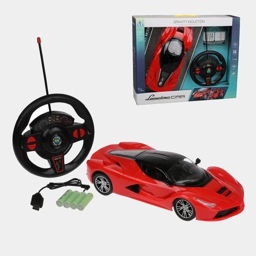 27-18YS GRAVITY R/C CAR - 1:12 scale Gravity Induction RC Sports Car, featuring a unique steering wheel remote control.&nbsp;: Uses gravity sensing technology to steer the car by tilting the wheel controller.Included Items: Comes with the RC car, a steering wheel remote, rechargeable batteries, and a USB charging line.&nbsp; Age 6+ ages