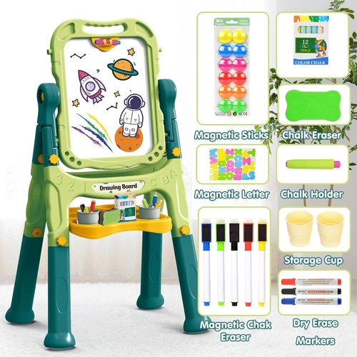 050-9ADRAWING BOARD - Magnetic Drawing Board for children. Age 3 years old and above. : Double-sided easel with a magnetic whiteboard and a blackboard. Included Accessories: The set includes 48 pieces total. Features: The board can rotate \(360^{\circ }\) and includes a tray for storage.