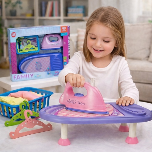Kids' Interactive Ironing Playset VA104352 - This item is a Kids' Interactive Ironing Playset, which typically includes a plastic toy iron, a small folding ironing board, and a laundry basket.&nbsp;Features: Designed for role-play, these sets often feature colorful designs and are suitable for children aged 3 and up.