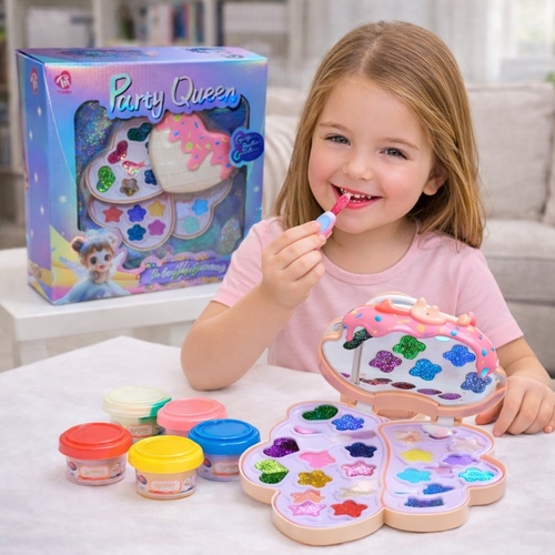Makeup Set VA368667 - This item is a Party Queen Kids Makeup Set by Girly Bestie Cosmetics, featuring a butterfly-style, multi-layer, washable cosmetic palette.&nbsp;Features: Includes glitter shades, lip colors, and applicators designed for pretend play, suitable for children ages 5 yrs old and above.