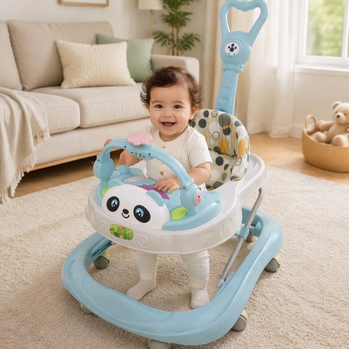 858 baby Walker - a baby walker with a panda-themed activity tray and a parent push handle. Suatible for children 6-12months and above.